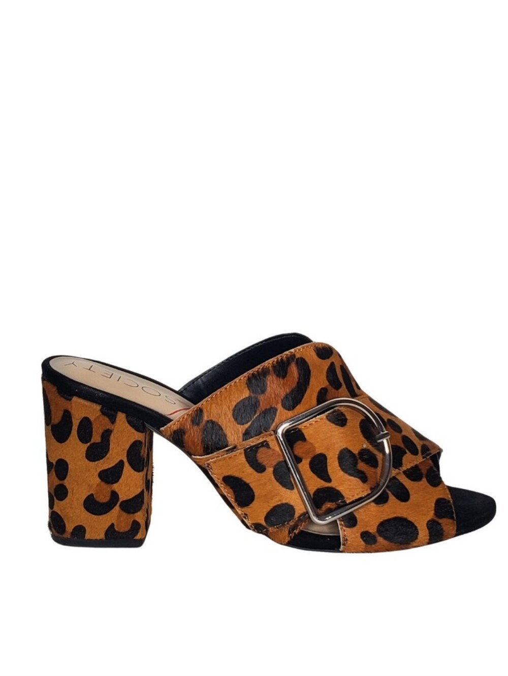 Sole Society Women's Calf Hair Tan Leopard Sandals Block Heel Silver Buckle 6.5
